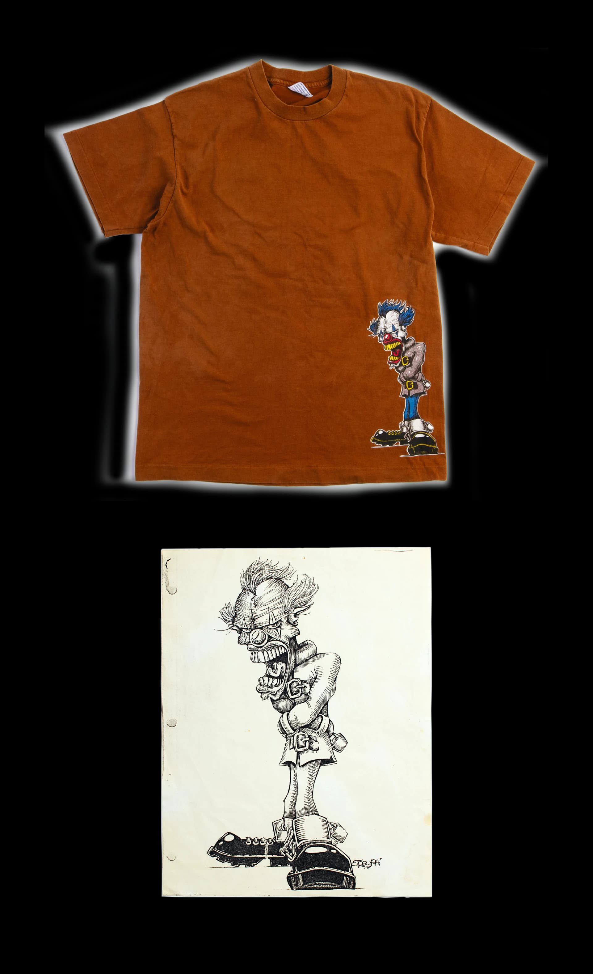 A rust-orange t-shirt with a small clown illustration printed low on the front, above the original pen-and-ink drawing of the same clown on lined paper.
