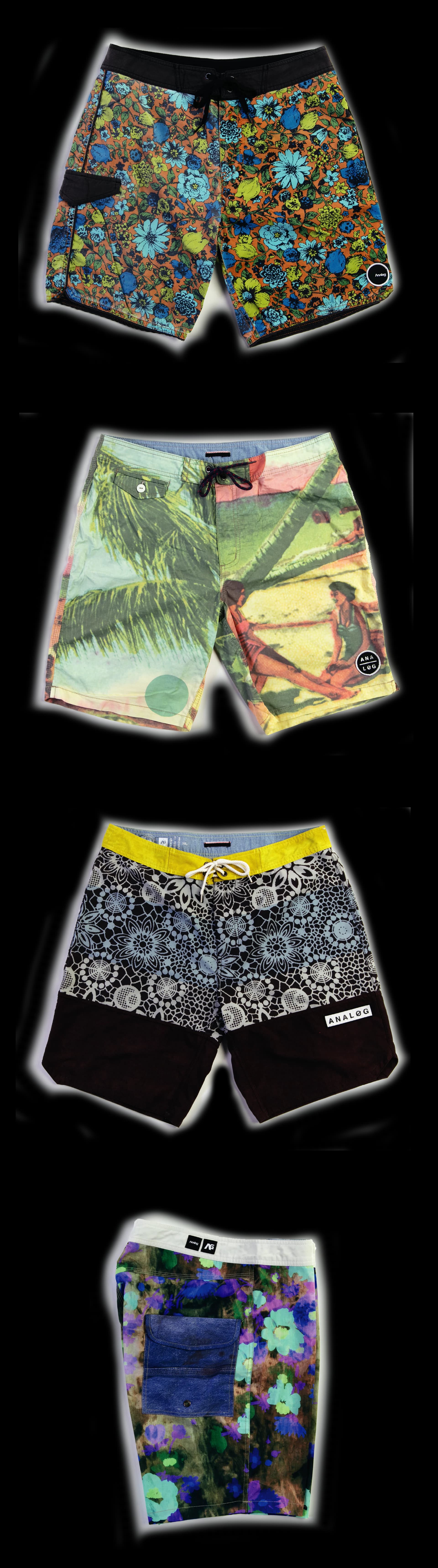 Four boardshorts laid flat: a dense orange and blue floral, a photographic palm and surfer print, black lace over solid brown, and a blurred watercolour floral.