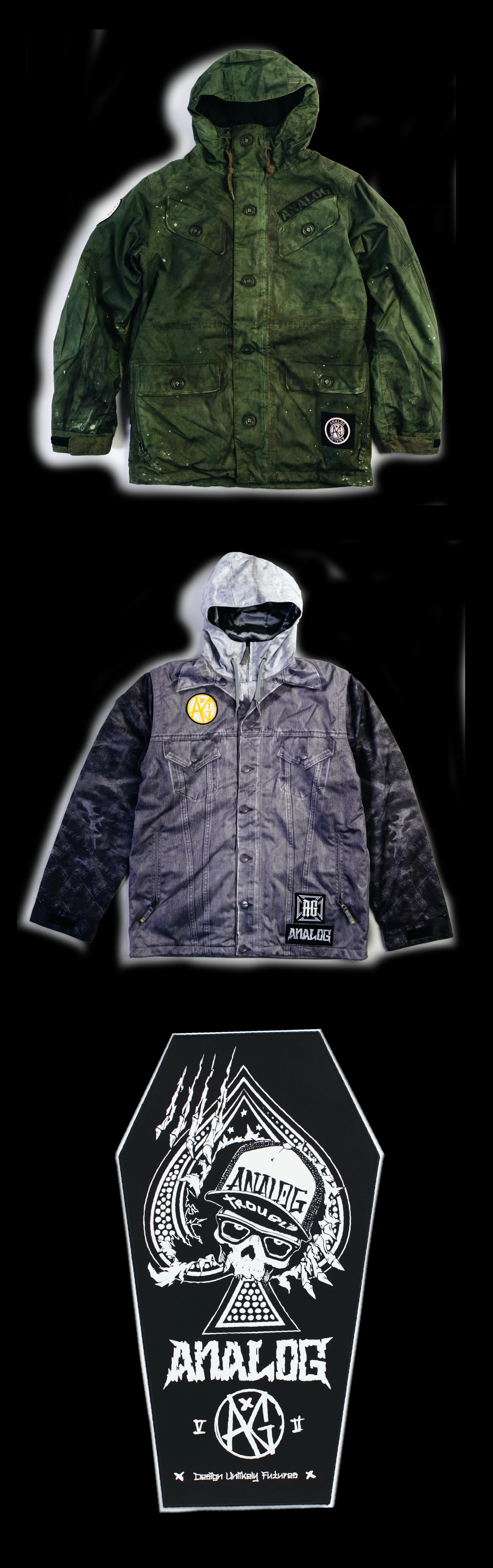 An olive military-style hooded snowboard jacket above a grey denim-print jacket with patterned sleeves, and a coffin-shaped patch with a skull and the Analog wordmark.