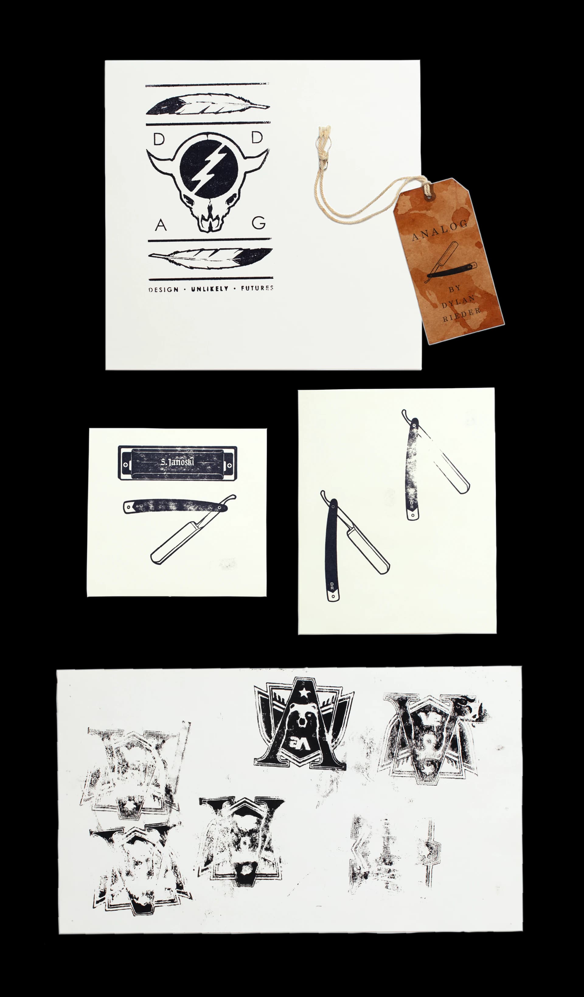 Printed trim sheets and hangtags: a bull skull with a lightning bolt, a leather Analog tag for Dylan Rieder with a straight razor, harmonica and razor patches, and a sheet of pulled logo prints.