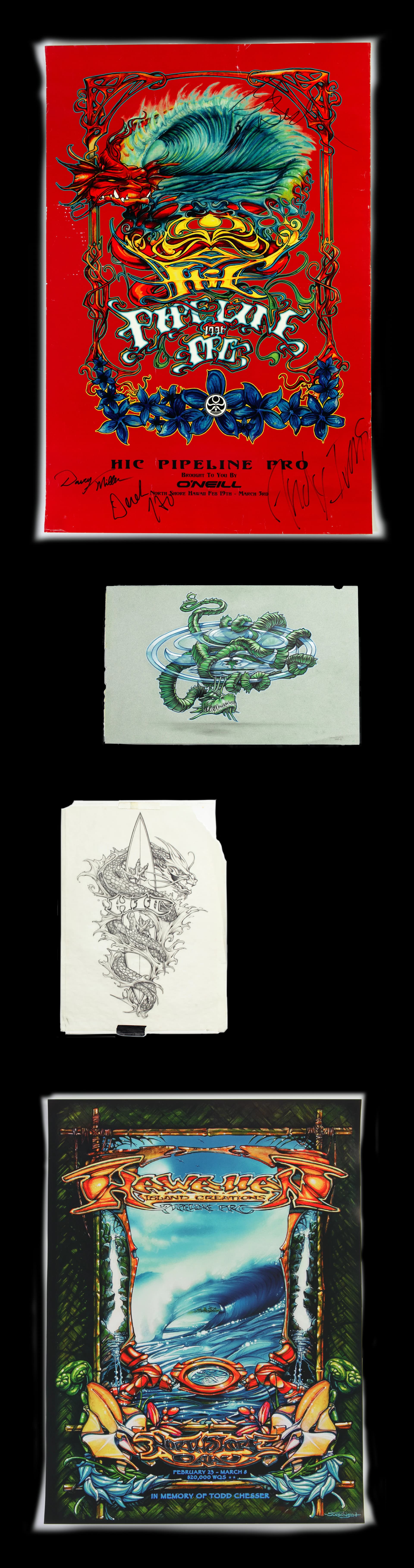 A signed red contest poster with a dragon curling into a breaking wave, above the green dragon painting and pencil sketch behind it, and a second Hawaiian Island Creations poster.