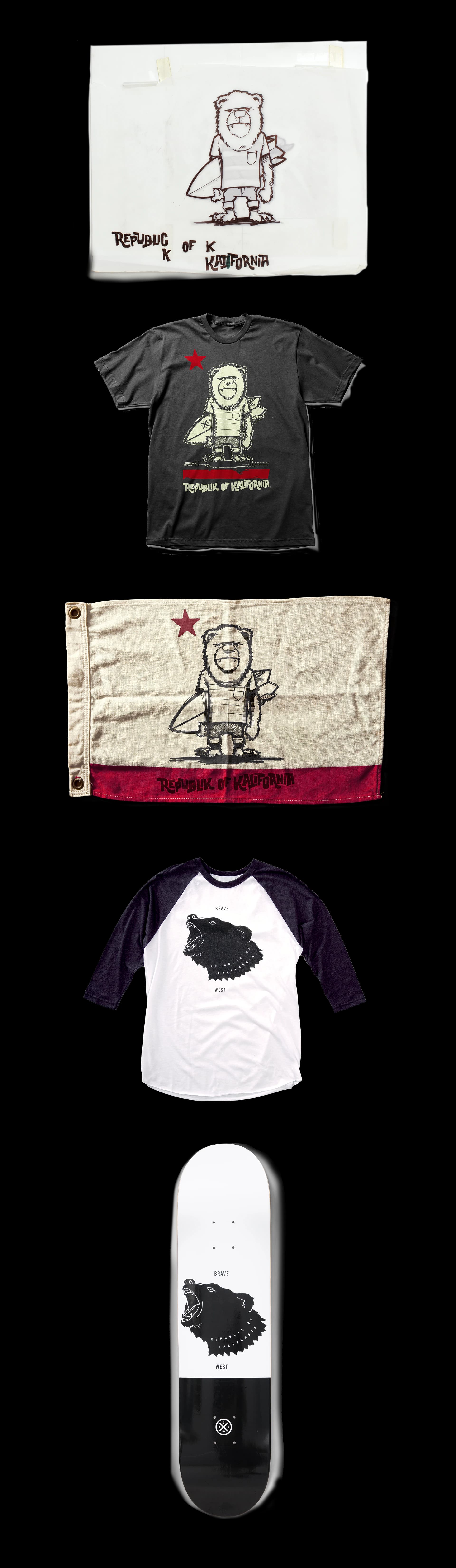 A rough drawing of a surfing bear captioned Republic of Kalifornia, worked up into a black t-shirt, a canvas flag, a raglan shirt and a skate deck.