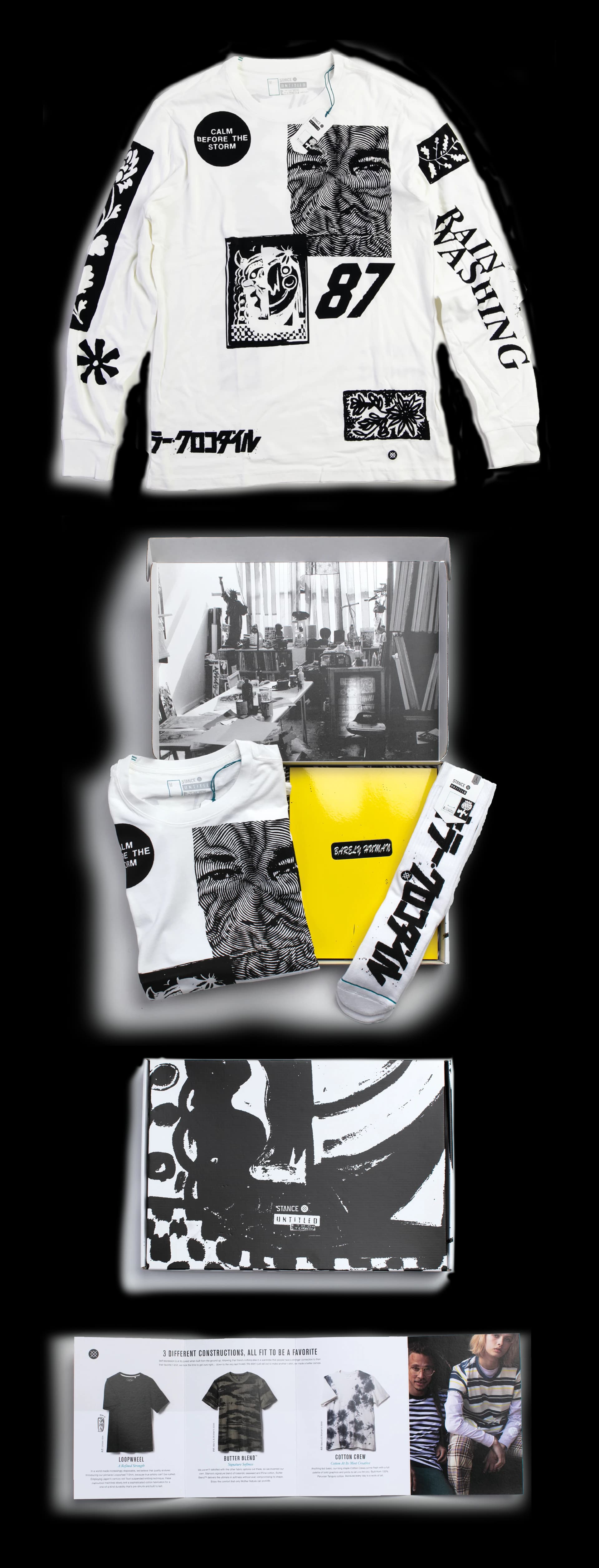 A white long-sleeve tee printed with high-contrast photographic panels and Japanese type, shown folded in a printed box with a matching sock, alongside the box exterior and a lookbook spread.