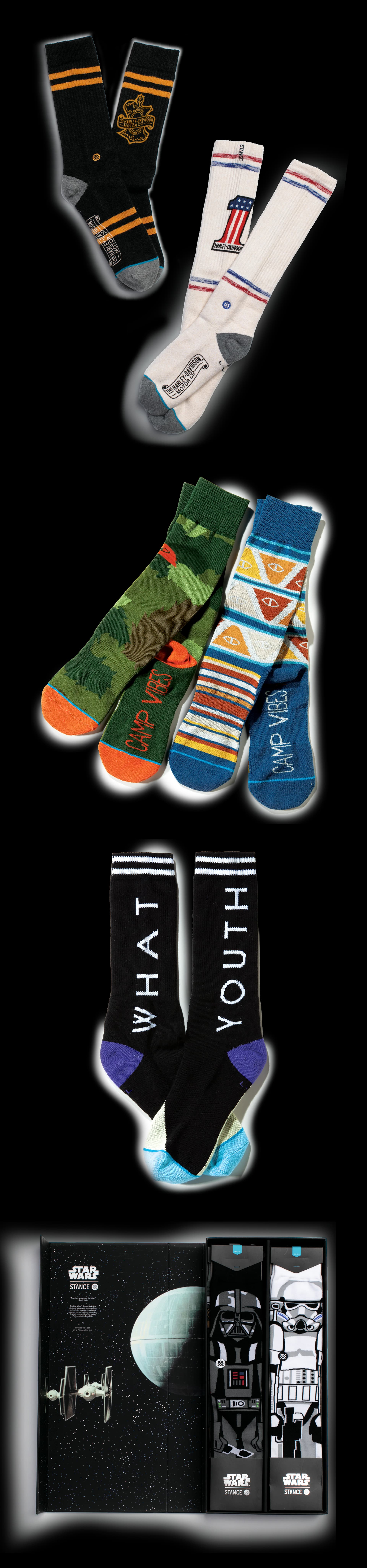 Four sock pairs — Star Wars, an Americana flag, Camp Vibes forest camo and What Youth block lettering — with a boxed Darth Vader and Stormtrooper set below.