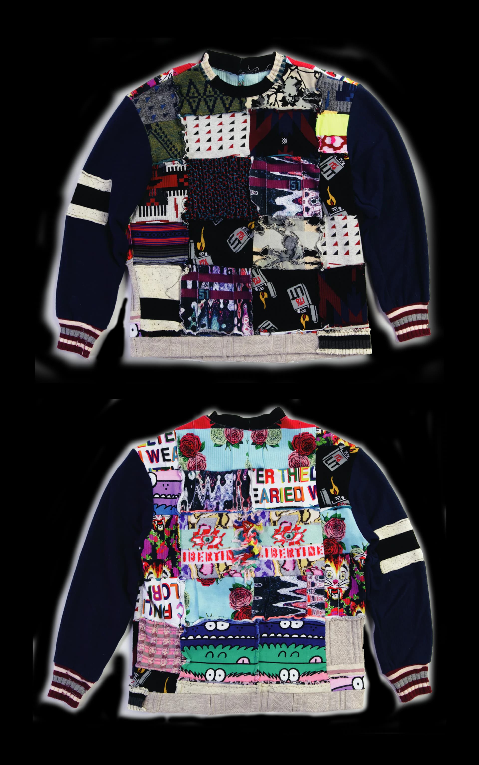 A navy crewneck sweatshirt, front and back, patchworked from cut-up sock fabric — florals, cartoon monsters, logo type and knit scraps.