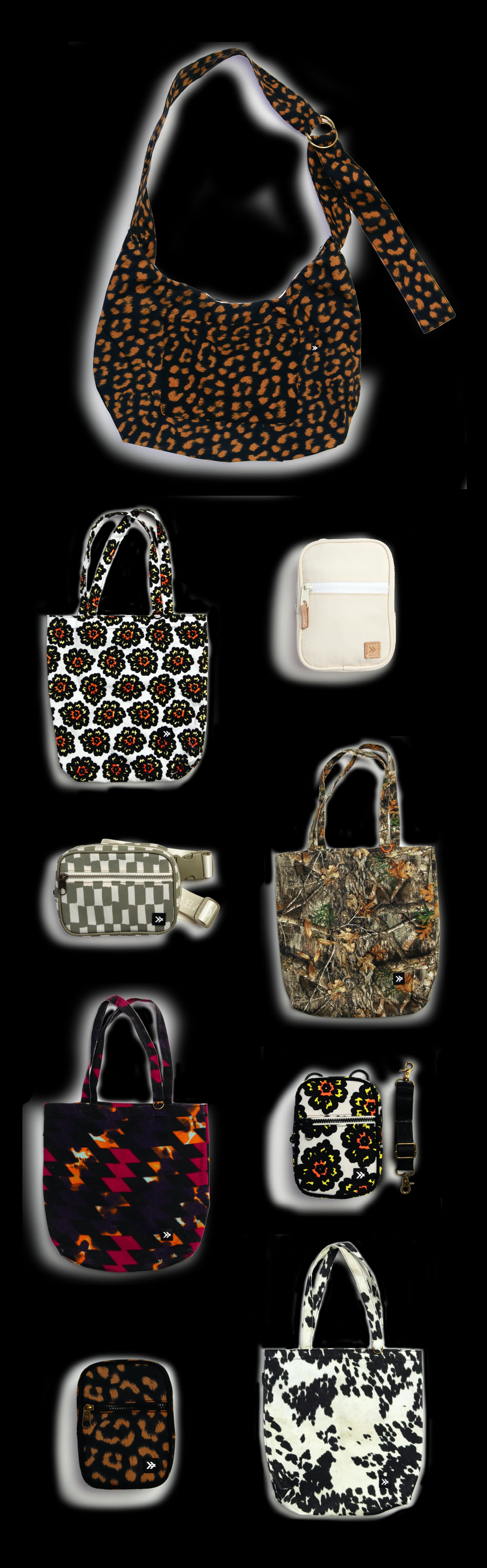 A leopard-print shoulder bag above a group of totes, pouches and belt bags in floral, checkerboard, forest camo, ikat and cow print.