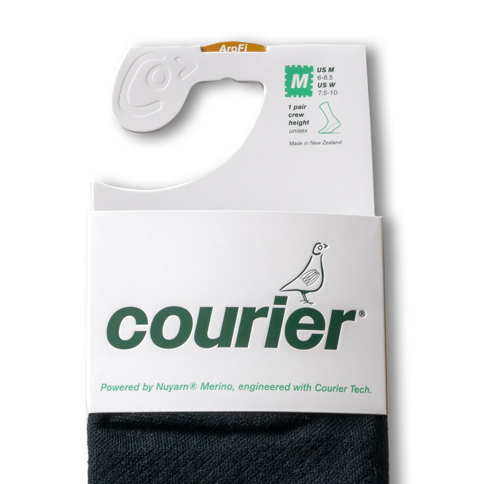 A close-up of the Courier hanger card: the quail mark and wordmark, size details, and "Powered by Nuyarn Merino".
