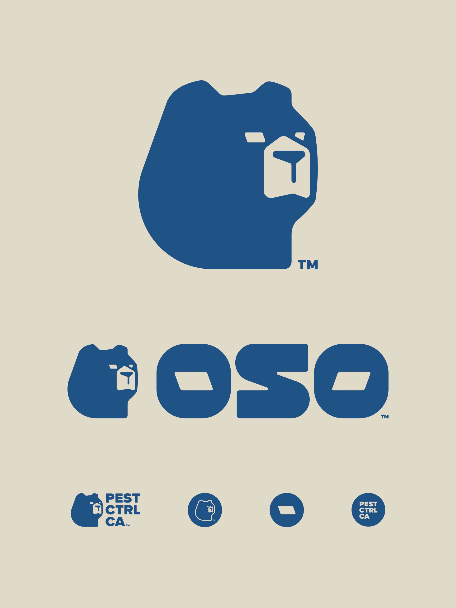The Oso identity in blue on cream: the bear head mark, the full wordmark, and four smaller badge variations.