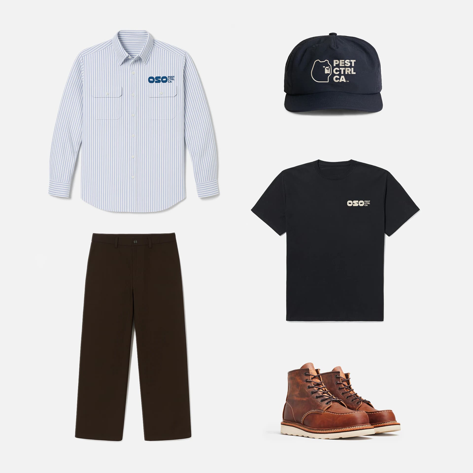 The Oso uniform laid out: a striped work shirt, brown trousers, navy cap, black t-shirt and leather work boots.