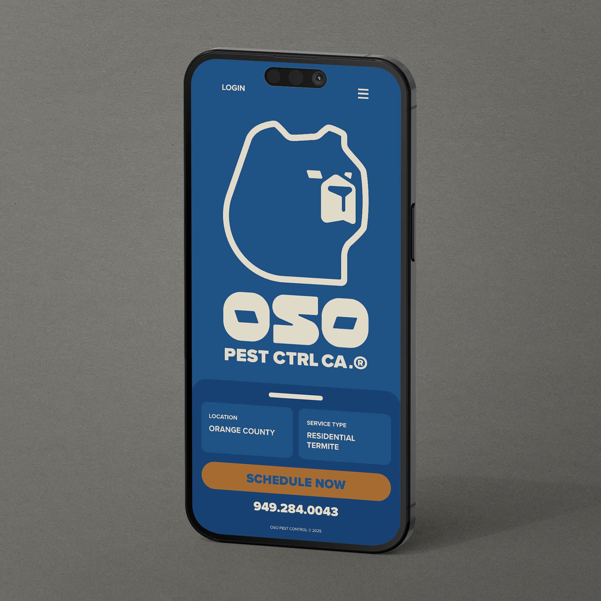 A phone showing the Oso booking screen: the bear logo, location and service fields, and a "Schedule Now" button.