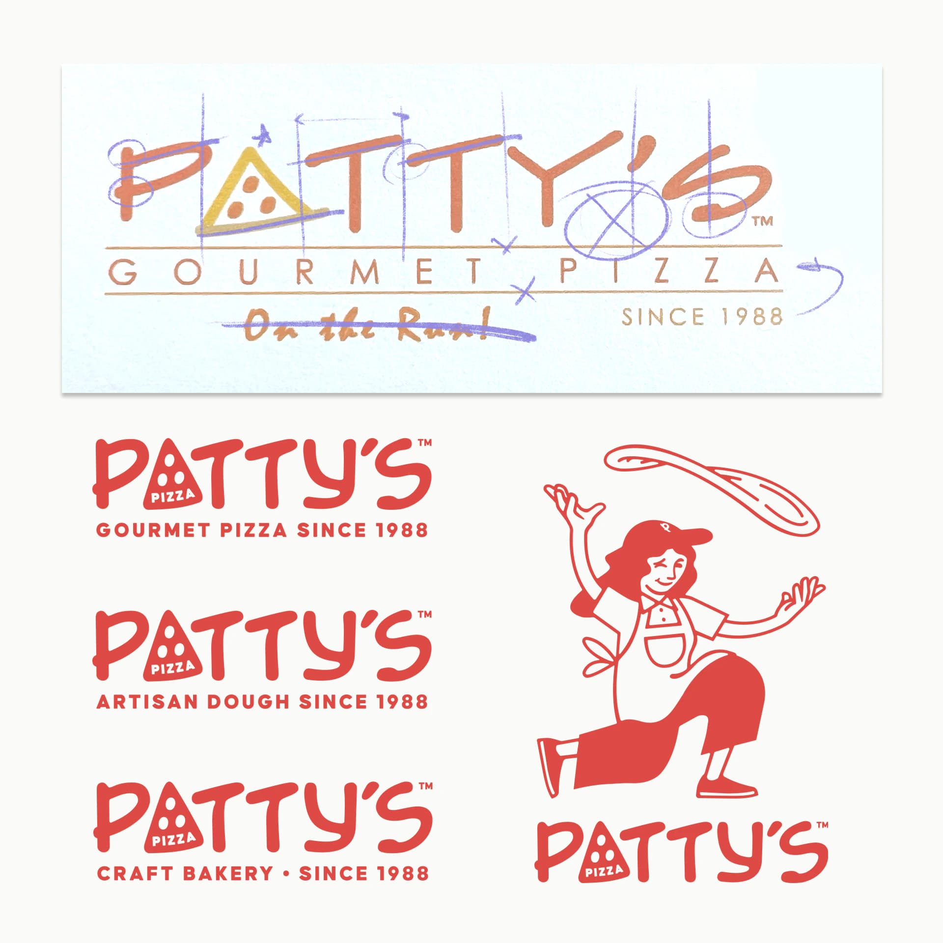 The original hand-drawn Patty's logo with pencil corrections, above the redrawn red wordmarks and a character tossing a pizza.