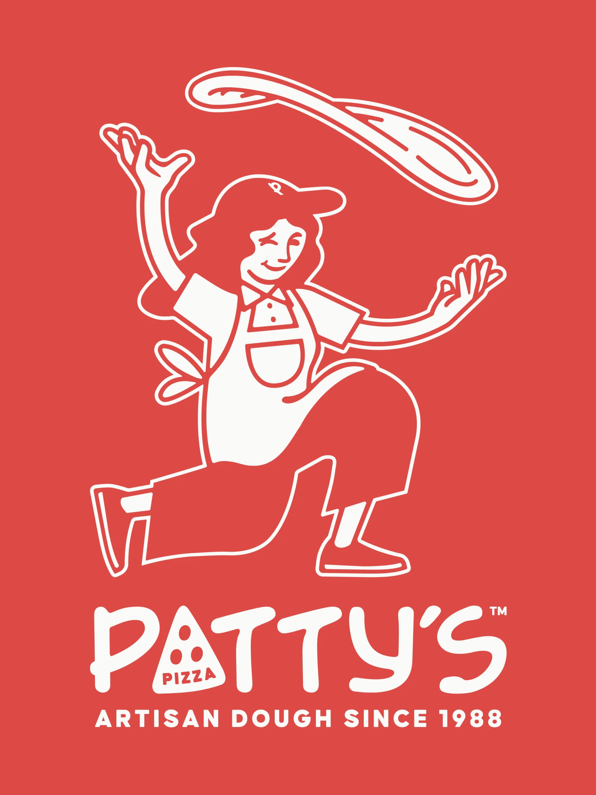The Patty's character, a woman in a cap and apron tossing dough overhead, in white on red above "Artisan Dough Since 1988".
