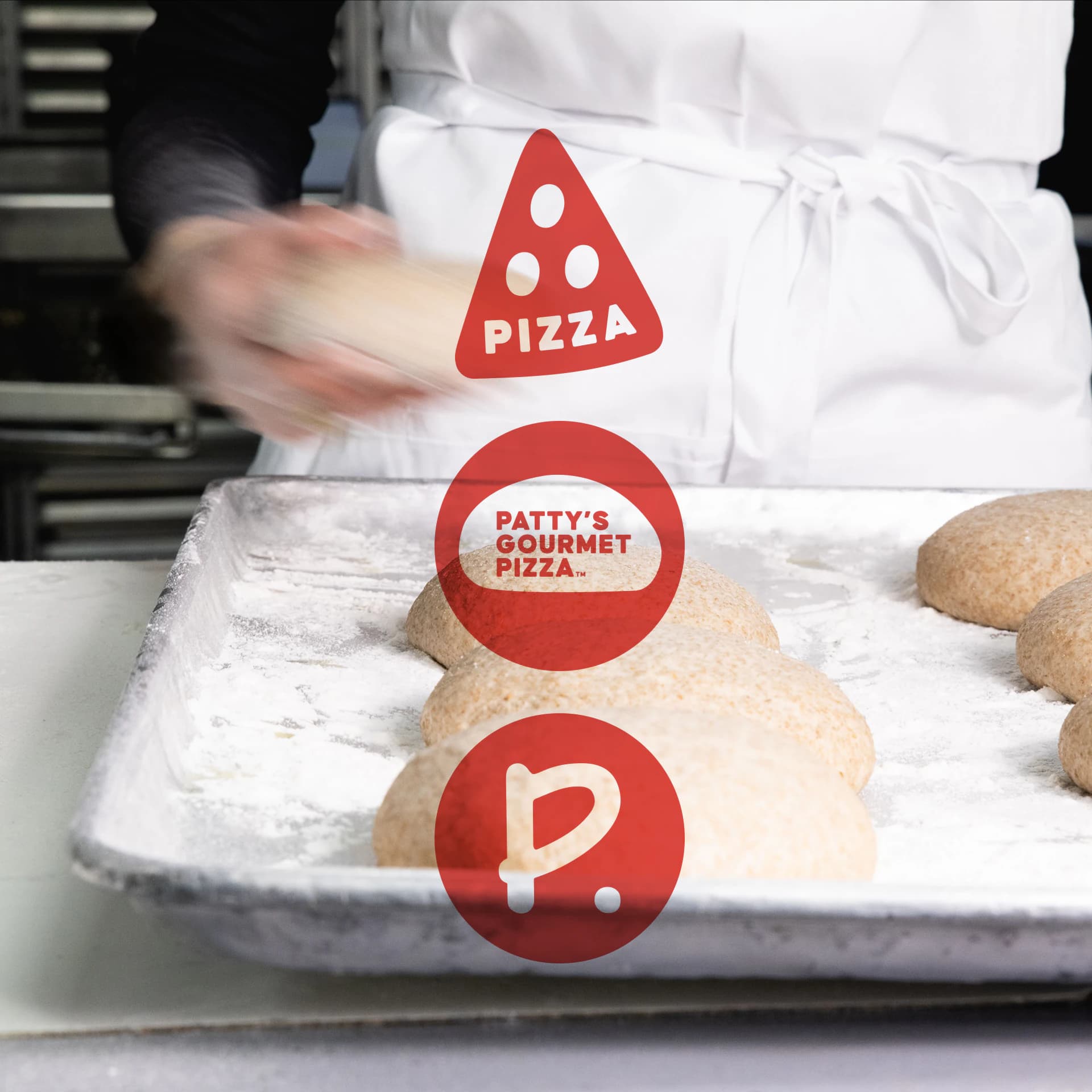Dough balls on a floured tray in a commercial kitchen, overlaid with three red Patty's badges.