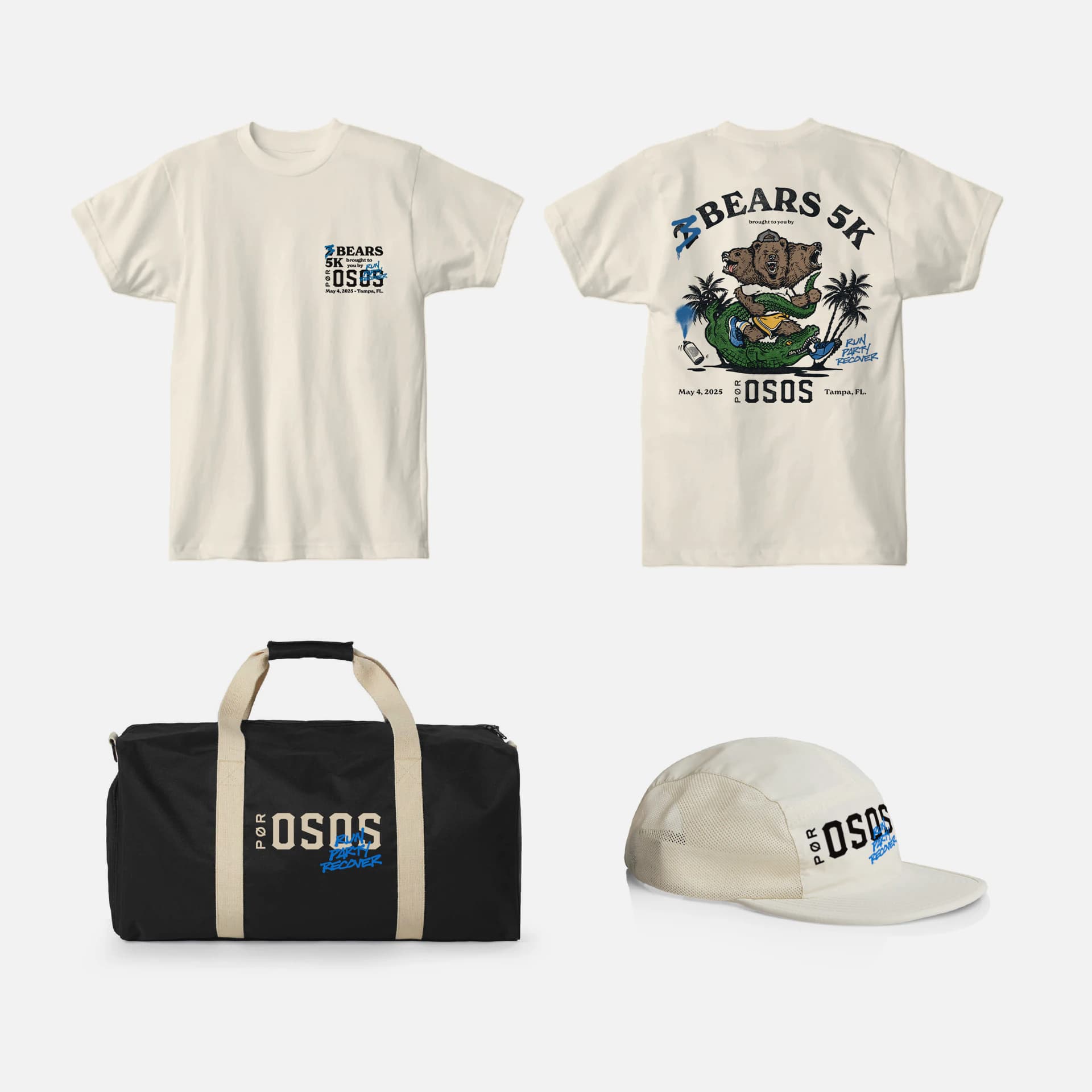 The 2 Bears 5K merch: a cream t-shirt front and back, a black duffle bag and a cream running cap.