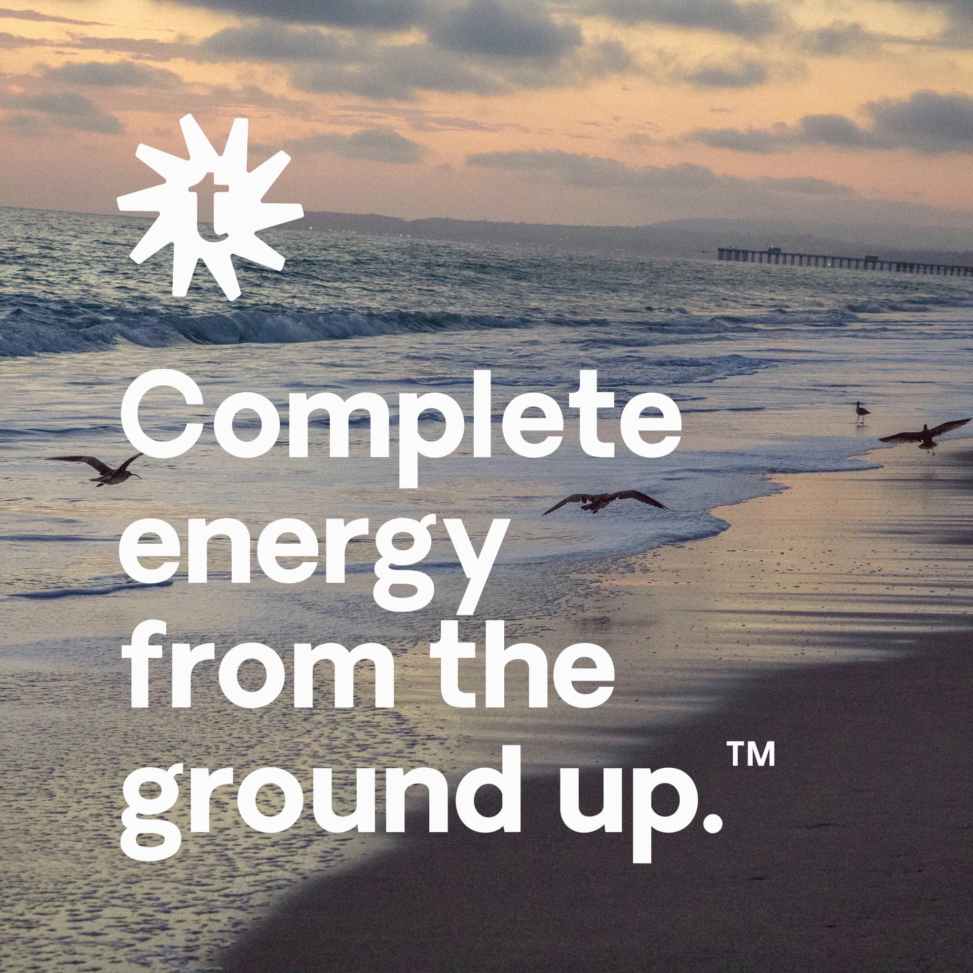 A beach at dusk with birds at the waterline, overlaid with the Tchê sun mark and "Complete energy from the ground up."